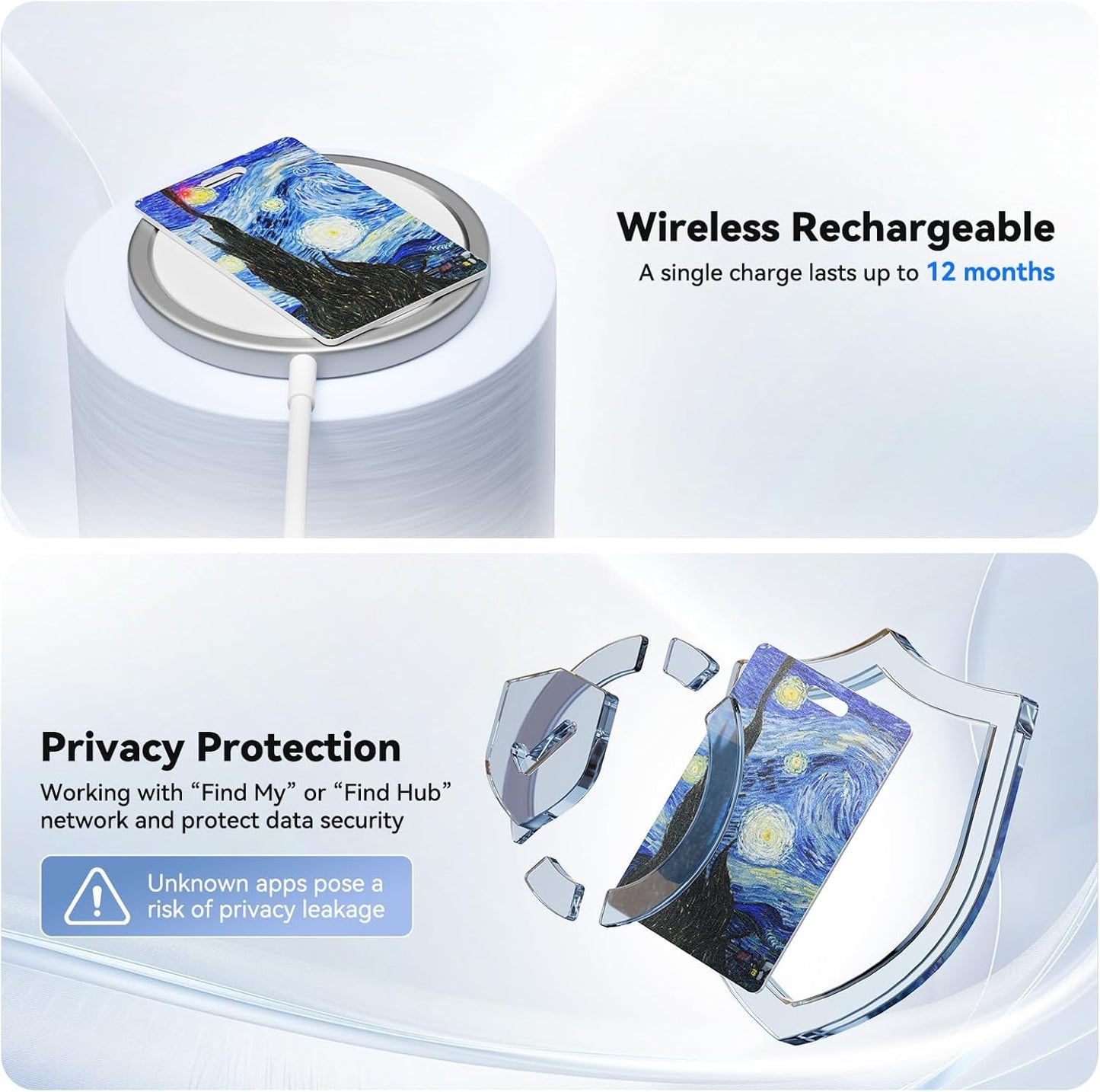 DERAX Wallet Tracker Card (iOS & Android) Wireless Charging & 1-Year Battery, Ultra-Thin IP68 Waterproof Smart Card Works with Apple Find My & Google Find My Device for Wallet, Passport, Luggage