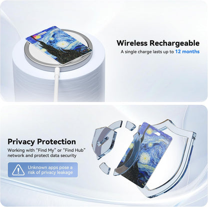 DERAX Wallet Tracker Card (iOS & Android) Wireless Charging & 1-Year Battery, Ultra-Thin IP68 Waterproof Smart Card Works with Apple Find My & Google Find My Device for Wallet, Passport, Luggage