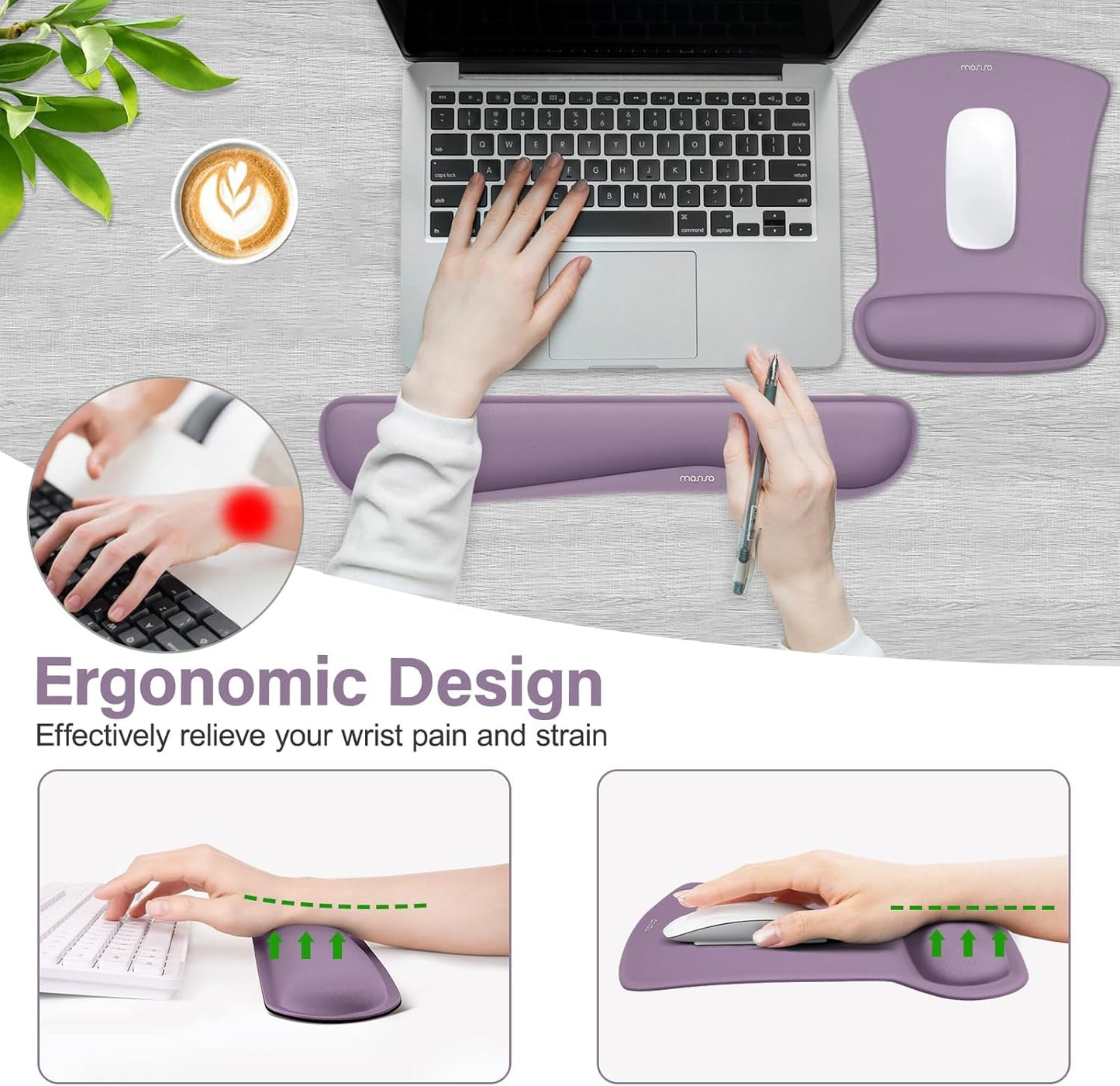 MOSISO Wrist Rest Support for Mouse Pad & Keyboard Set, Ergonomic Mousepad Non-Slip Base Home/Office Pain Relief & Easy Typing Cushion with Neoprene Cloth & Raised Memory Foam, Black