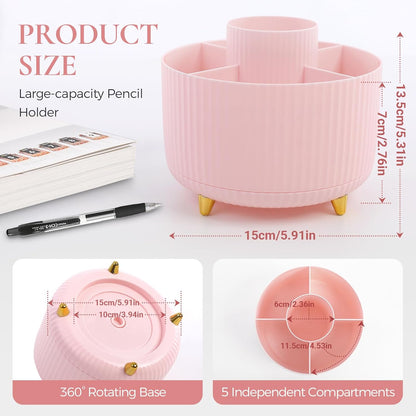 KONVINIT Pencil Pen Holder for Desk, 5 Slots 360 - Degree Rotating Desktop Organizer, Cute Desk Organizers and Accessories for School, Home, Office and Art Supply, Black