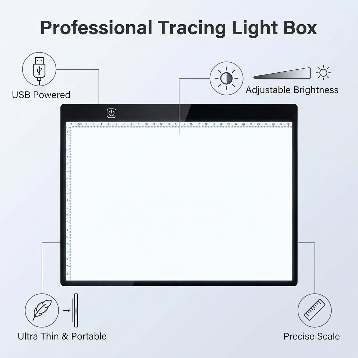 A4 Ultra-Thin LED Light Pad with Scale - 5000 Lux Stepless Dimmer Light Box for Diamond Painting, Tracing & Sketching - USB Powered Portable Light Table for Artists, Tattoos & Animation - Black
