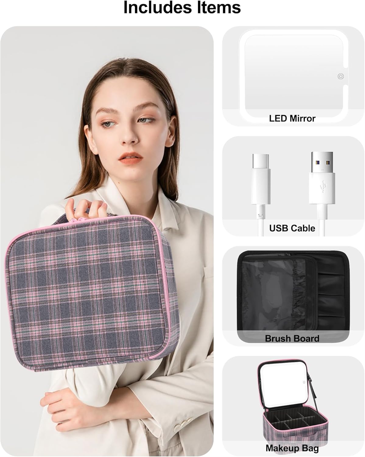 Relavel Travel Makeup Bag With LED Mirror, Cosmetic Train Case with Light up Mirror, Portable Makeup Artist Organizer Bag with Adjustable Dividers, Makeup Brush Holder Storage, Black