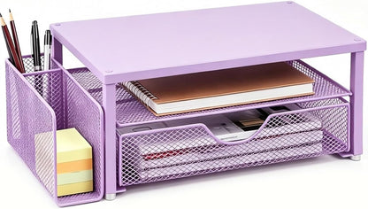 Spacrea Desk Organizer and Accessories, Computer Monitor Stand Riser with Drawer and 2 Pen Holders, Office Desk Accessories & Workspace Organizers for Office Supplies (Wood)