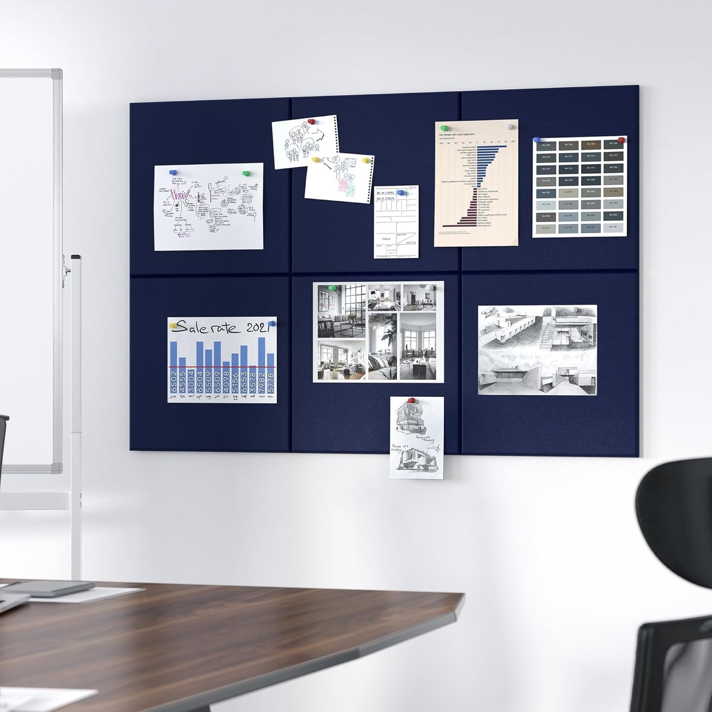Neatsure Large Cork Board for Wall, Black Felt Bulletin Board with Pushpins, 36" x 24" 6 Panels Wall Tiles, Tack Push Pin Boards for Office