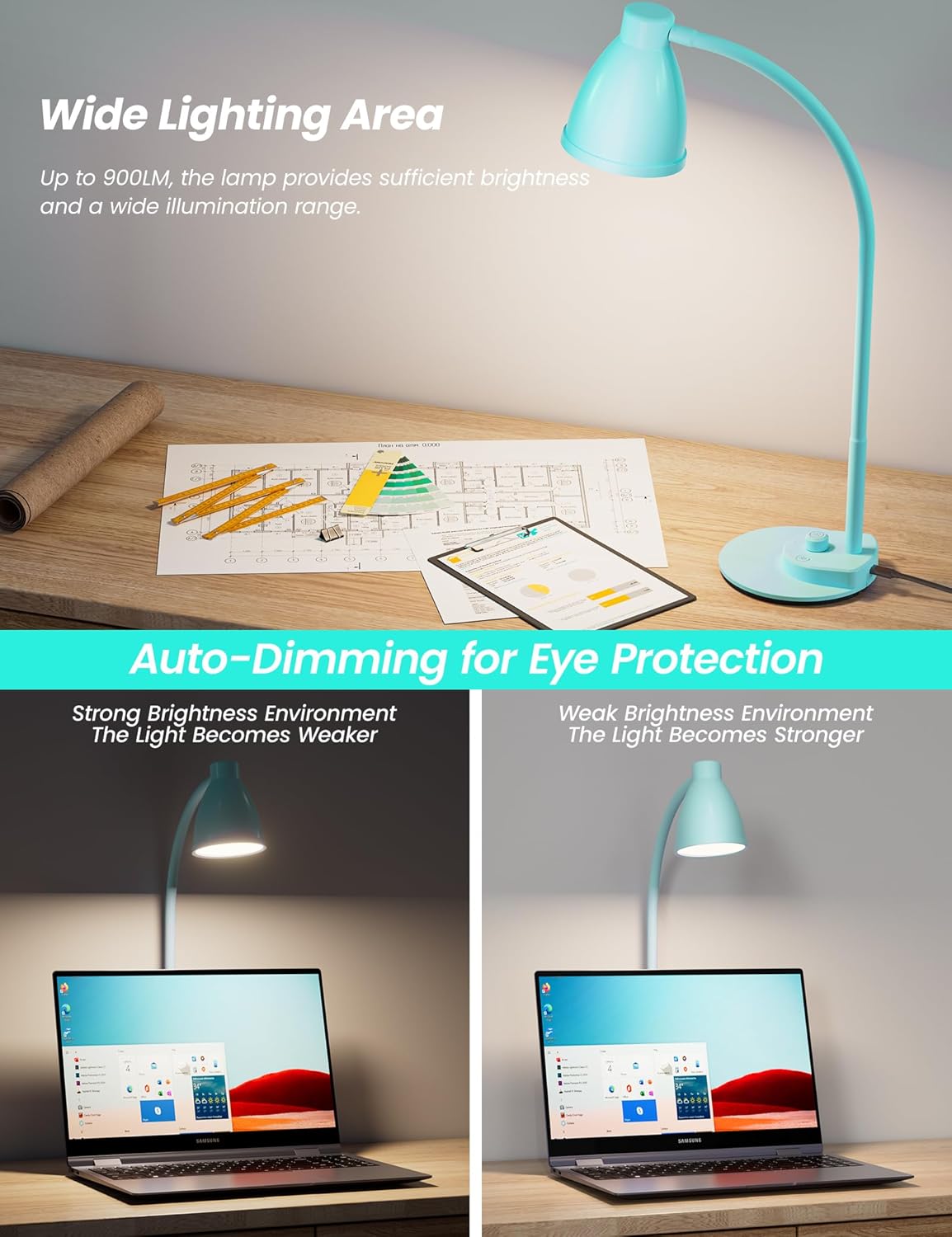 BOHON LED Desk Lamp with USB Charging Port, 3 Color Modes Dimmable Reading Lamp, Auto Dimming Task Lamp, Flexible Neck Table Light for Dorm Bedside, Adapter Include, White