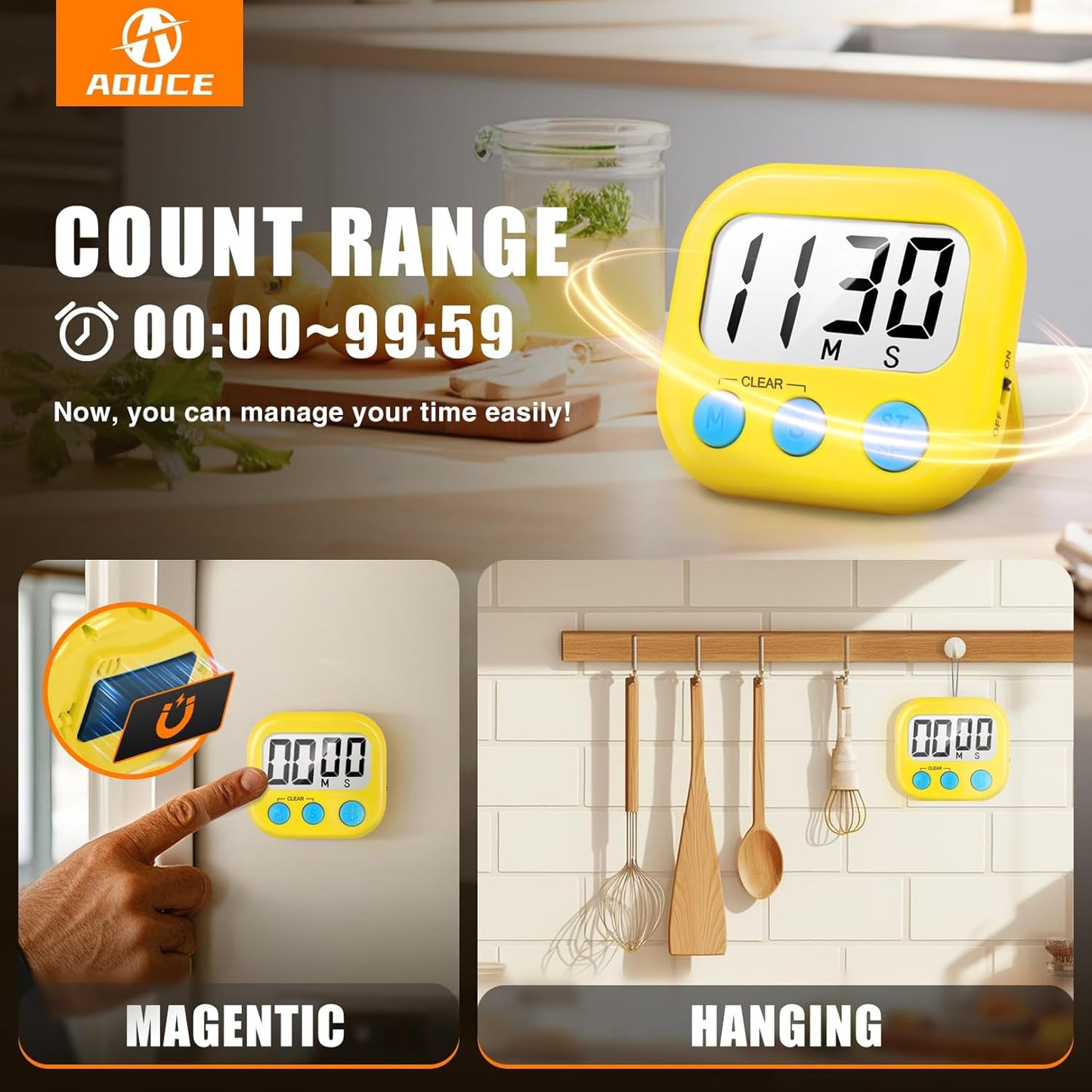 2 Pack Digital Kitchen Timer for Cooking Big Digits Loud Alarm Magnetic Backing Stand Cooking Timers for Baking White