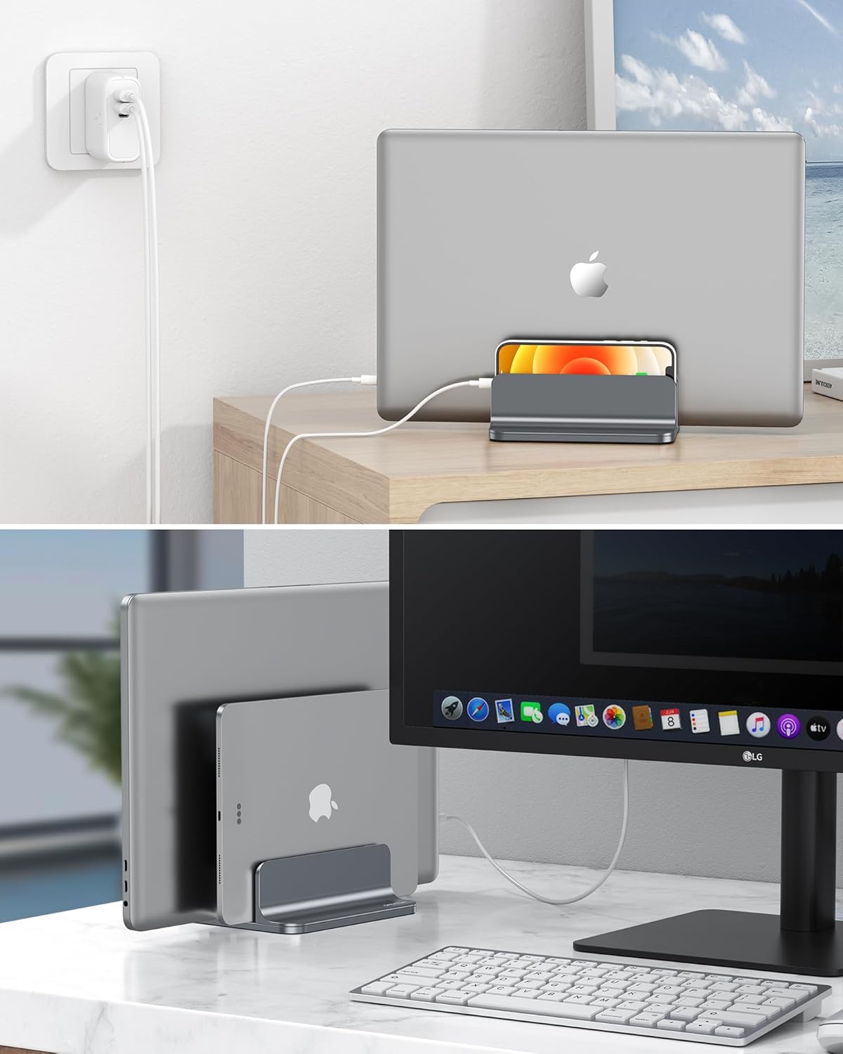 OMOTON Vertical Laptop Stand [Updated Double Version], Desktop Aluminum Mac Book Stand with Adjustable Dock Size, Fits All Mac Book, Surface, Chrome Book and Gaming Laptops (Up to 17.3 inch) (Black)