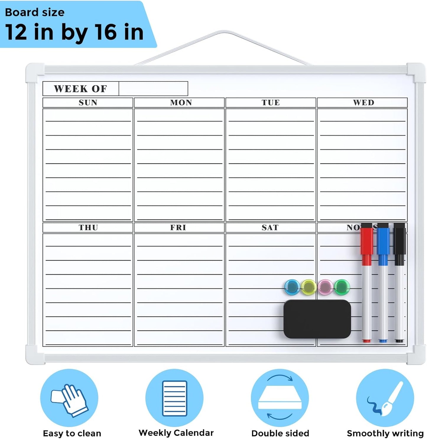 MaxGear Monthly Calendar Dry Erase Board for Wall, 16"x12" Small Hanging Double-Sided White Board, Portable Whiteboard for Planning, Drawing, Memo, to Do List, School, Home, Kitchen, Office