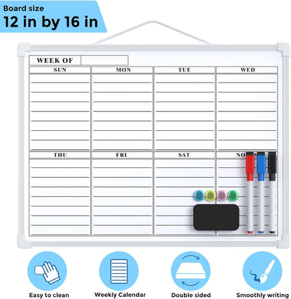 MaxGear Monthly Calendar Dry Erase Board for Wall, 16"x12" Small Hanging Double-Sided White Board, Portable Whiteboard for Planning, Drawing, Memo, to Do List, School, Home, Kitchen, Office