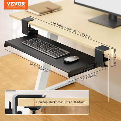 VEVOR Under-Desk Keyboard Tray, Adjustable for Height and Tilt, Slide-Out Design, Spacious 25x9.8 Inch Surface, Ideal for Home and Office Use