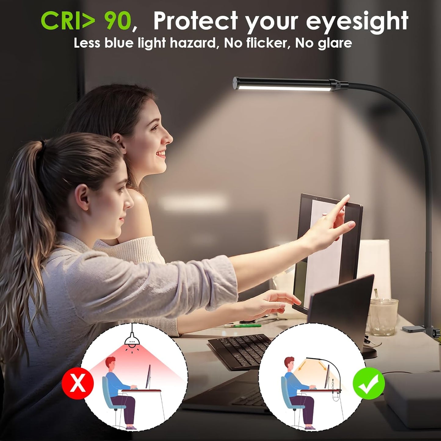 ShineTech LED Desk Lamp with Clamp, Eye-Caring Clip on Desk Light with 3 Color Modes & Stepless Dimming, 360° Flexible Gooseneck Desk Lamp for Home Office College Dorm with USB Adapter