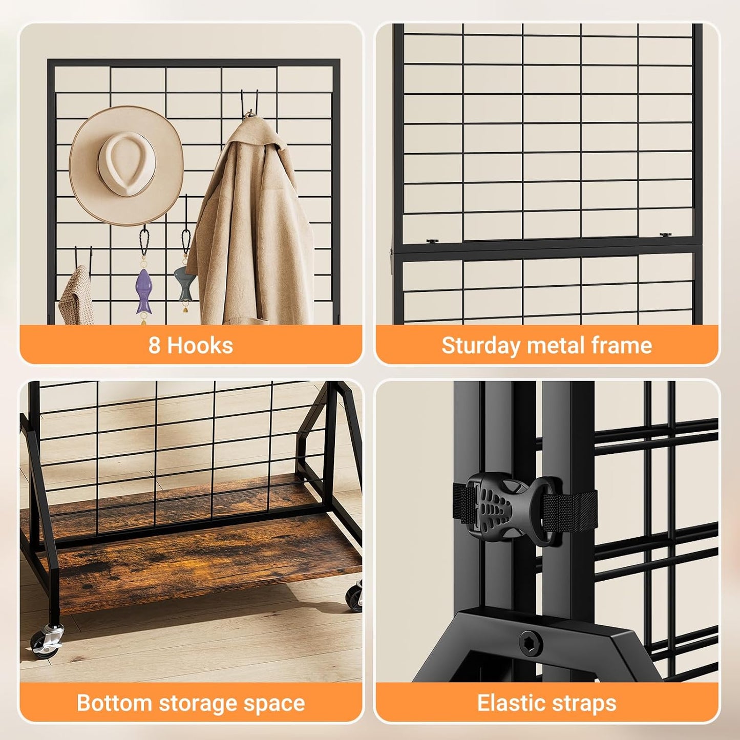 ELYKEN Foldable Grid Wall Panels 5.7' x 2' FT, Movable Wire Gridwall Display Rack with Wheels and Adjustable Foots, Retail Display Stand for Vendor with Storage (Rustic Brown)