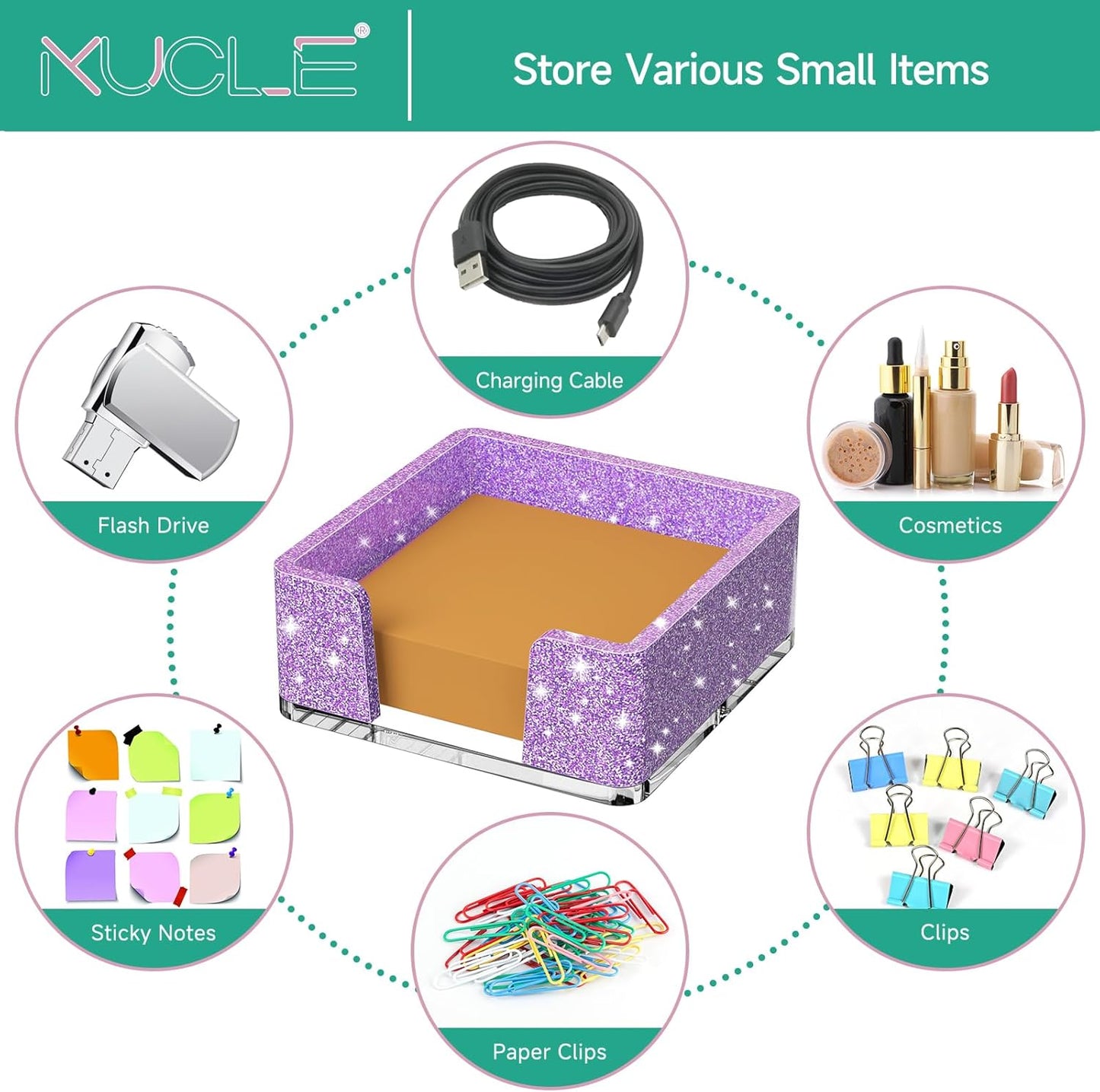 Sticky Note Holder, Glitter Pink Acrylic Notepad Holder 3x3 in Self-Stick Note Dispenser Office Desk Accessories, Memo Pad Holder Organizer for Classroom School Supplies