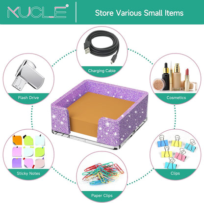Sticky Note Holder, Glitter Pink Acrylic Notepad Holder 3x3 in Self-Stick Note Dispenser Office Desk Accessories, Memo Pad Holder Organizer for Classroom School Supplies
