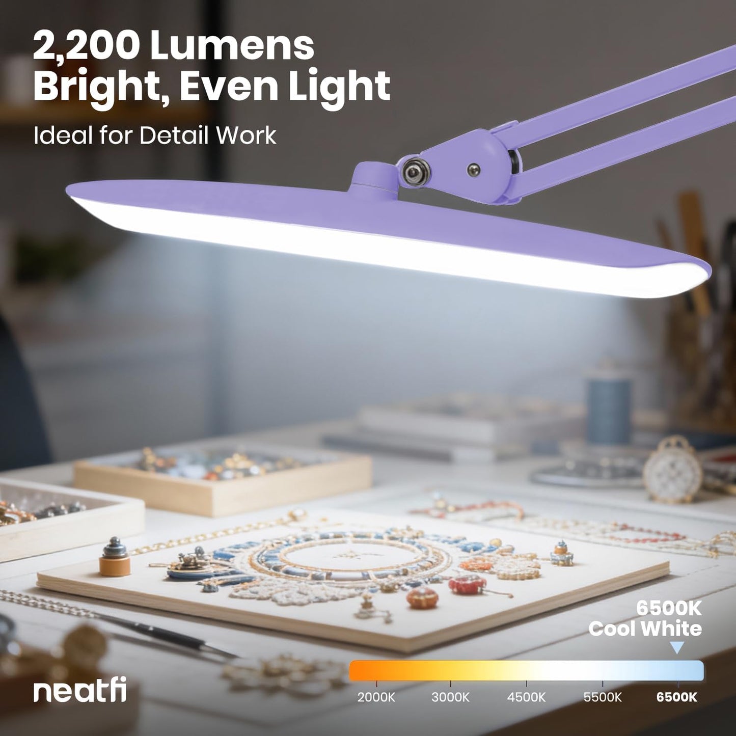 Neatfi XL 2200 Lumens 24W LED Desk Lamp – Shadow-Free Task Lighting | 4-Level Dimming | Home Office & Crafts Use | 20-Inch Wide Head (White, Non-CCT with Clamp)