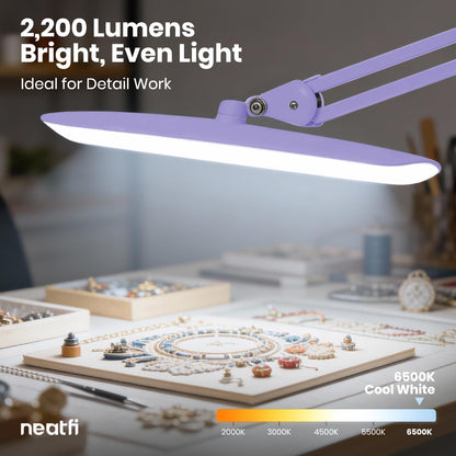 Neatfi XL 2200 Lumens 24W LED Desk Lamp – Shadow-Free Task Lighting | 4-Level Dimming | Home Office & Crafts Use | 20-Inch Wide Head (White, Non-CCT with Clamp)