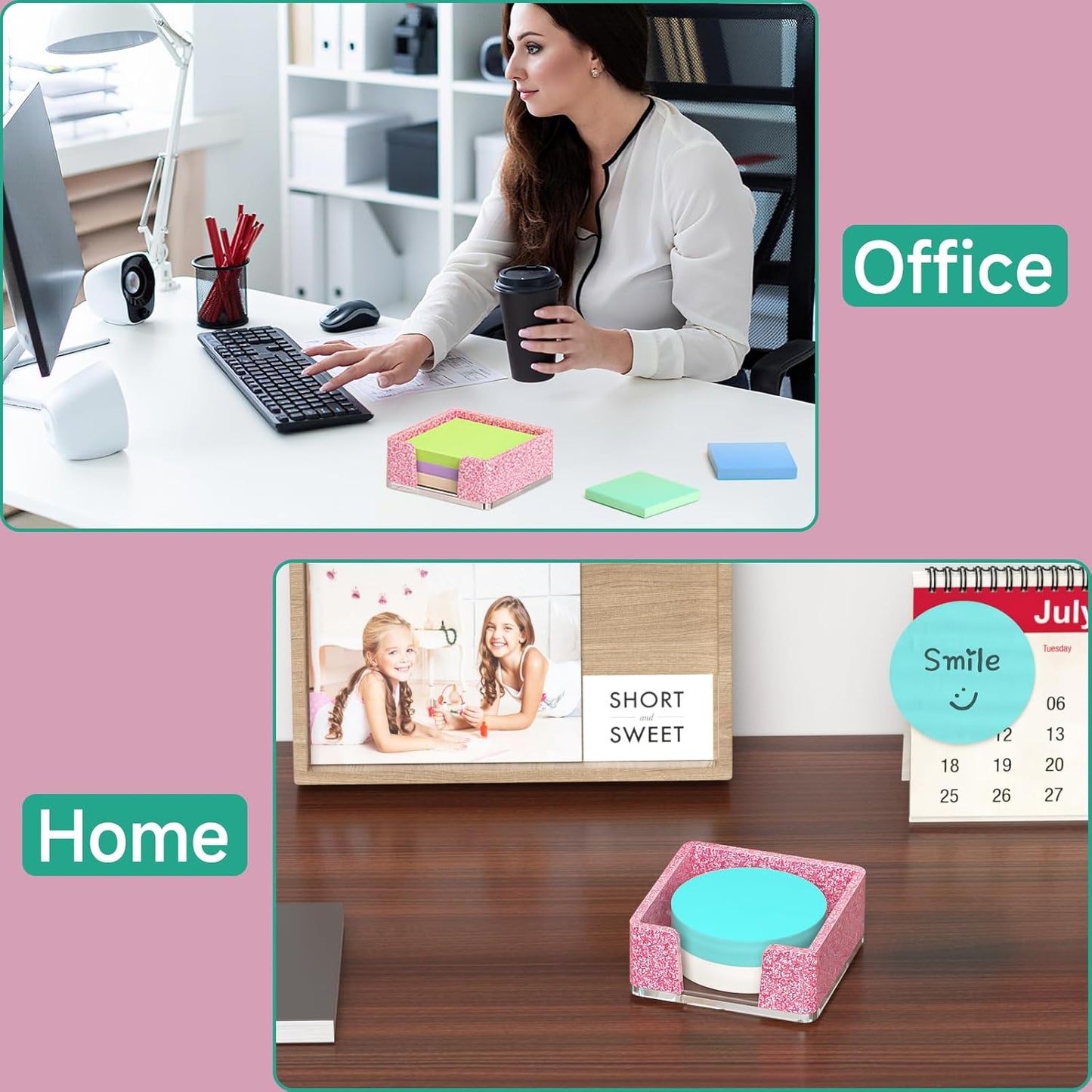 Sticky Note Holder, Glitter Pink Acrylic Notepad Holder 3x3 in Self-Stick Note Dispenser Office Desk Accessories, Memo Pad Holder Organizer for Classroom School Supplies