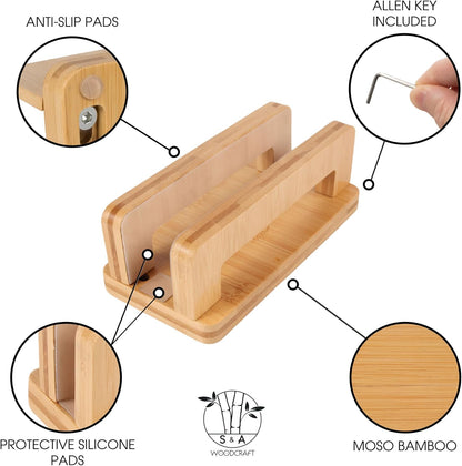 S&A WOODCRAFT 3 Slots Bamboo Wood Vertical Laptop Stand, Adjustable Wooden Laptop Holder, Non-Slip Laptop Dock Compatible with Apple MacBook, Microsoft Surface, Gaming Laptops, IPad, Tablets