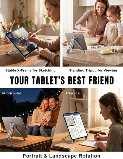 4-in-1 Foldable Laptop Stand & Magnetic Phone Holder, Silver Aerospace Aluminum Portable Desk Mount with N52 MagSafe Compatible Tripod Handle for MacBook Pro, iPad, Travel & Vlogging