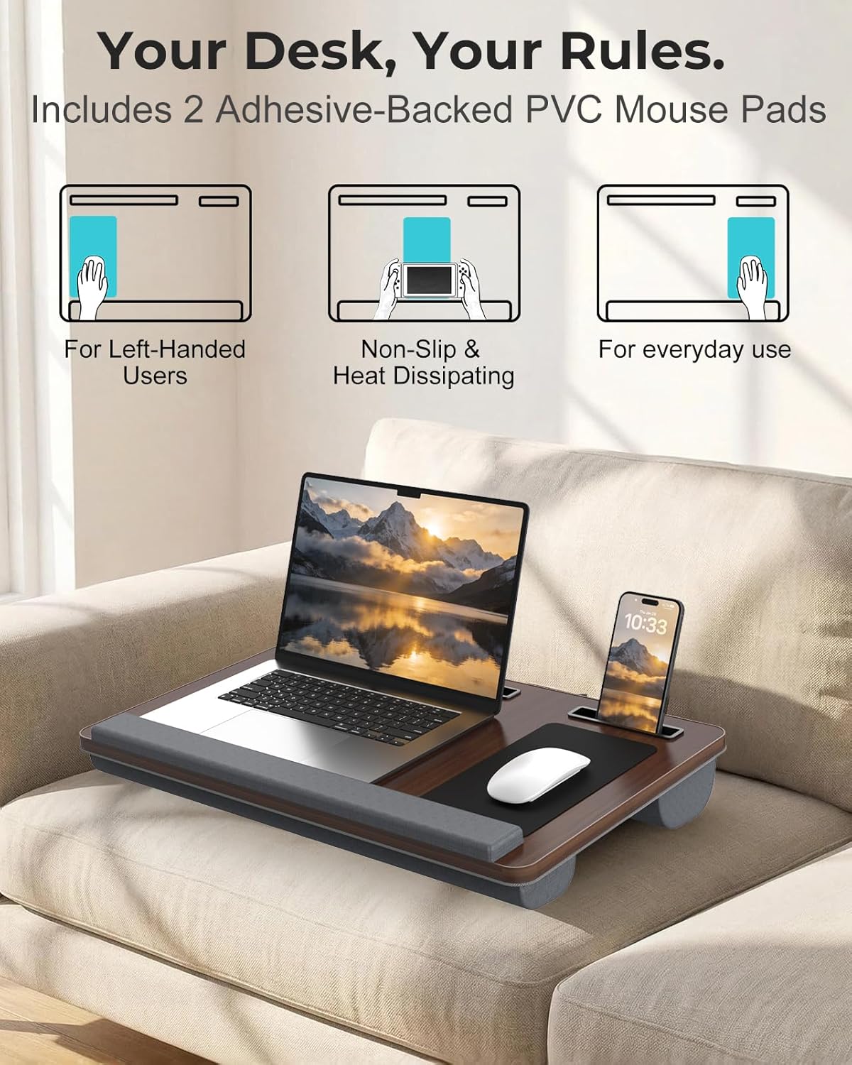 Potuopy Lap Desk- Fits up to 17” Laptop Lap Desk with Wrist Pad, Laptop Lap Pad, Lap Desks for Adults Laptop Stand for Bed with Cushion and 2 Upgraded Mouse Pads, Tablet and Phone Slots (Dark Brown)