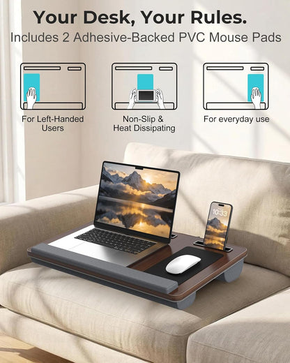 Potuopy Lap Desk- Fits up to 17” Laptop Lap Desk with Wrist Pad, Laptop Lap Pad, Lap Desks for Adults Laptop Stand for Bed with Cushion and 2 Upgraded Mouse Pads, Tablet and Phone Slots (Dark Brown)