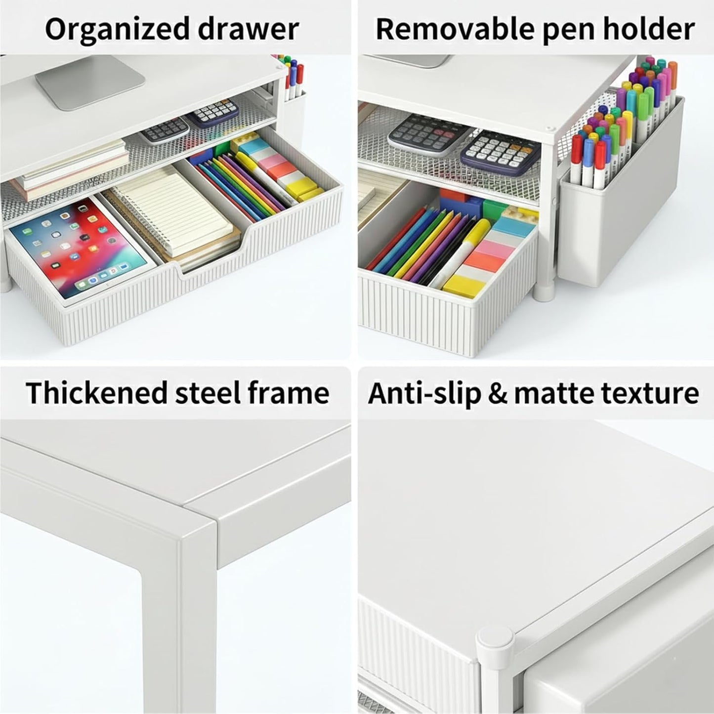 ECOLOVI Desk Organizer and Accessories, 2-Tier Computer Monitor Stand Rise with Storage Drawer & 2 Pen Holders, Laptop & Printer Stand for Desktop, Workspace Organizers for Office Supplies (Brown)
