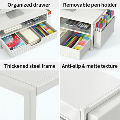 ECOLOVI Desk Organizer and Accessories, 2-Tier Computer Monitor Stand Rise with Storage Drawer & 2 Pen Holders, Laptop & Printer Stand for Desktop, Workspace Organizers for Office Supplies (Brown)