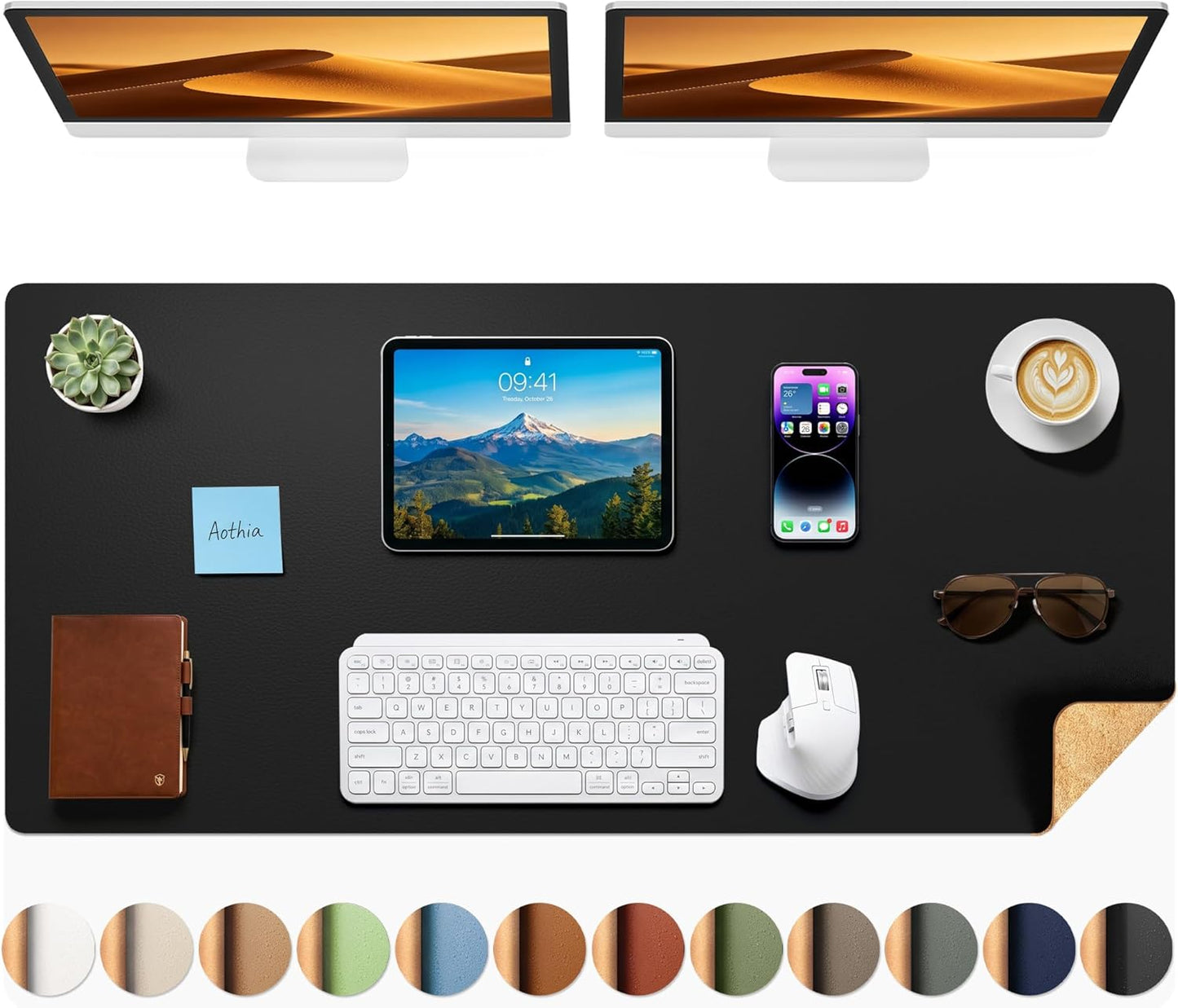 Aothia Dual-Sided Desk Pad - 25.6x13.7 inches Leather Desk Mat, Natural Cork Desk Pad Protector, Large Mouse Pad for Desk, Waterproof Desk Blotter Pad, Desk Writing Pad for Office Work/Home, Black