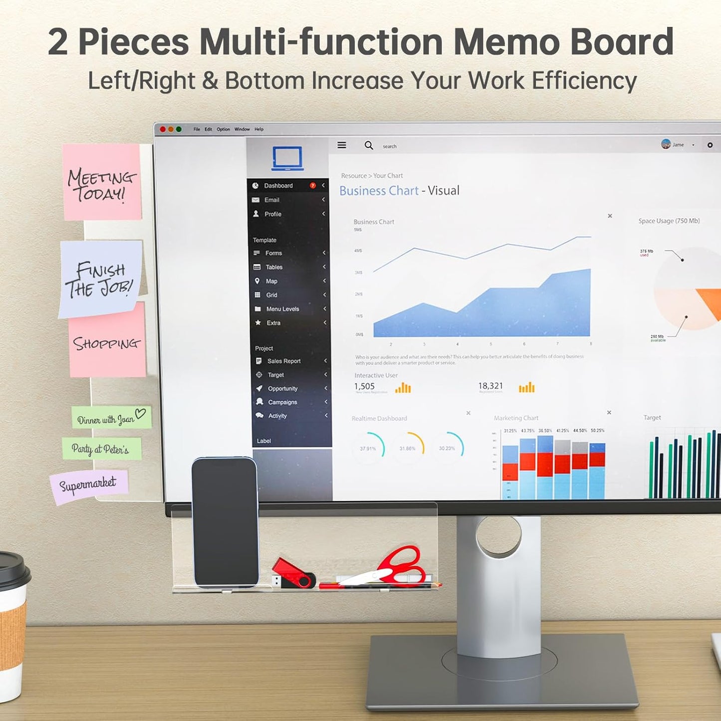 NiHome 2-Pack Magnetic Acrylic Monitor Memo Boards with Sticky Notes for Home & Office, Side and Bottom Panels with Phone Holder and Charging Holes, Transparent Organizer for Notes, To-Do Lists & More