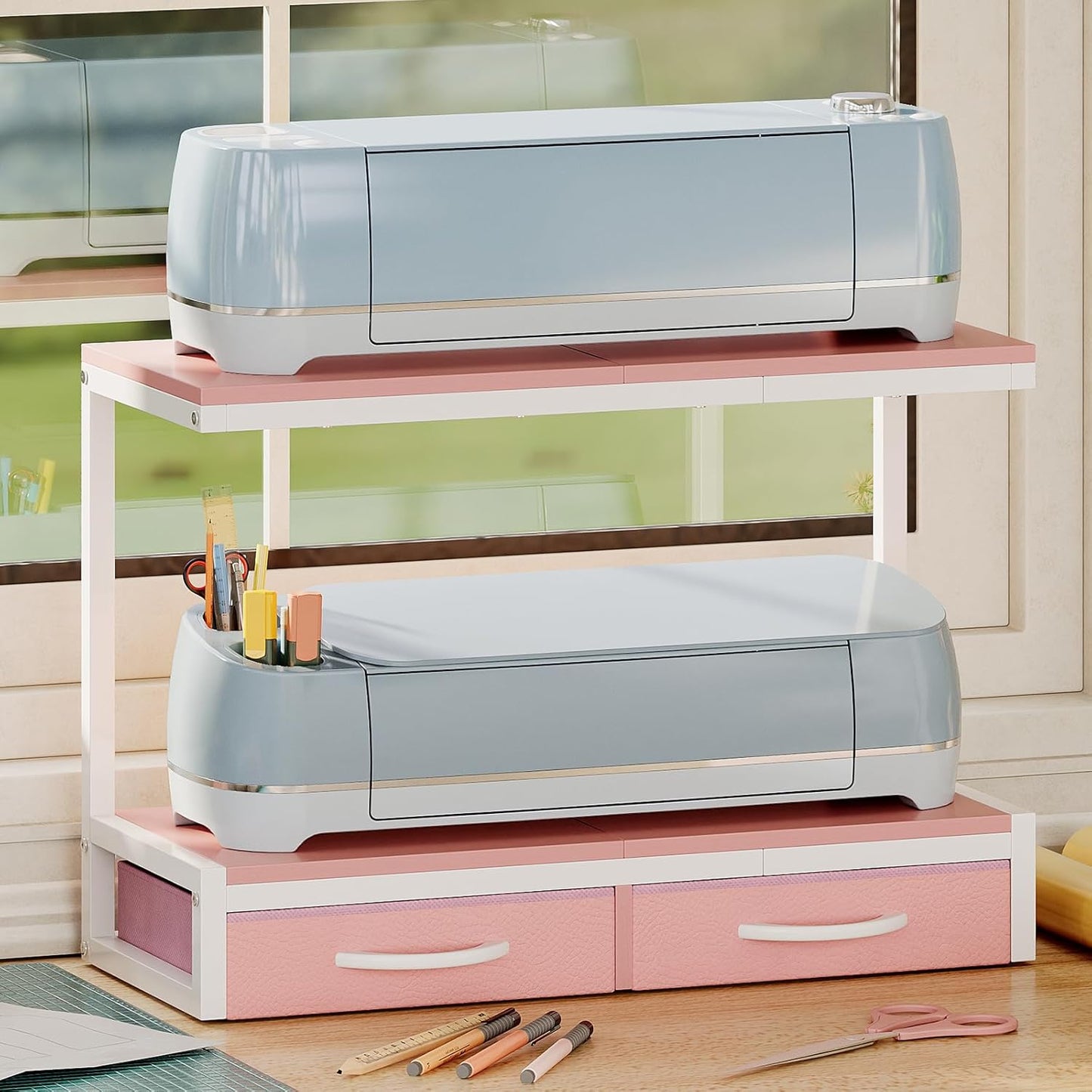 VENNQD Stand Compatible with Cricut Maker and Cricut Explore Air Series Stand Legs for 2 Cricut Machines Fully Open 2 Tier Desktop Craft Accessories Storage Organizer (White)