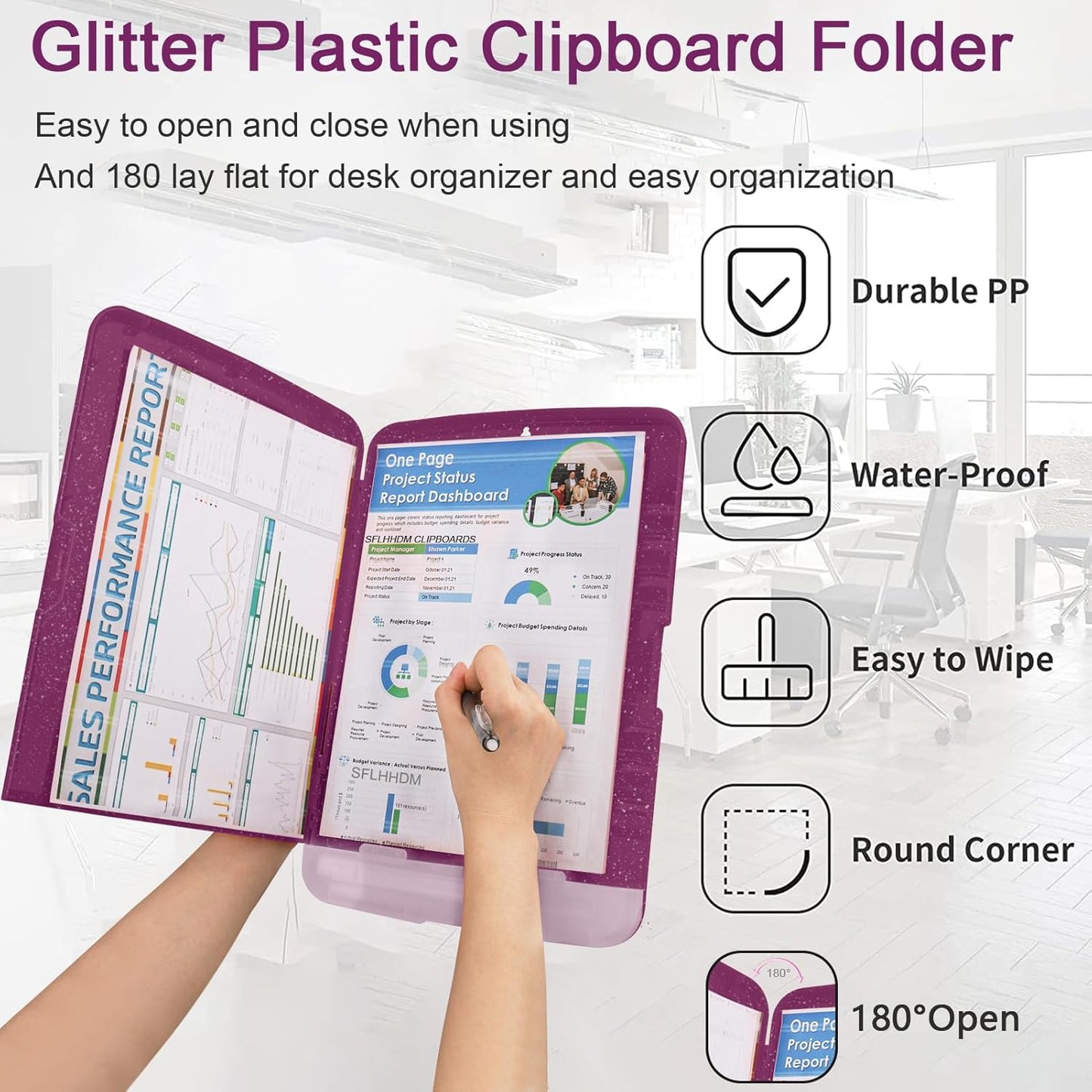 Glitter Clipboard with Storage,Storage Clipboard with Pen Holder,A4 Binder Clip Boards 8.5x11 with Low Profile Clip,Side Opening Sparkle Clipboards, Clipboards Folder for Office Supplies-Starry Black