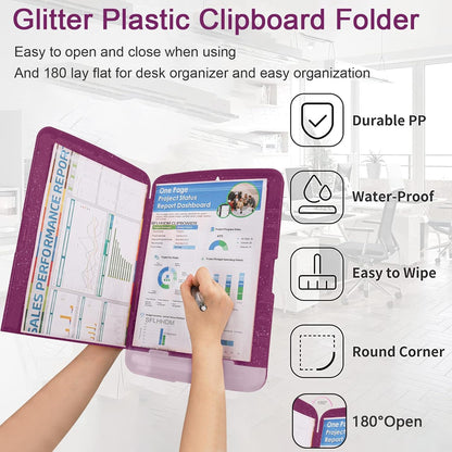 Glitter Clipboard with Storage,Storage Clipboard with Pen Holder,A4 Binder Clip Boards 8.5x11 with Low Profile Clip,Side Opening Sparkle Clipboards, Clipboards Folder for Office Supplies-Starry Black