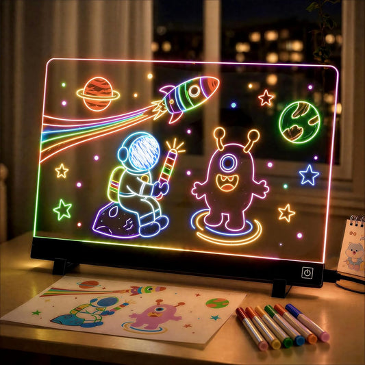 17” Rechargeable Led Drawing Board for Kids, Glow Doodle LED Note Board with 7 Colors and 4 Modes, Neon Acrylic Dry Erase Board with 7 Markers and Tracing Book, Sketching Gift Toy for Kids/Girls/Teens