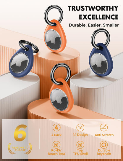 UNBREAKcable AirTag Holder for Apple - 4 Pack Air Tag Case [Fit Tightly Design] [Easy to Install] [Hold Securely] Waterproof TPU Protective Cover with Metal Keychain for Kids,Pet,Luggage,Backpack,Keys