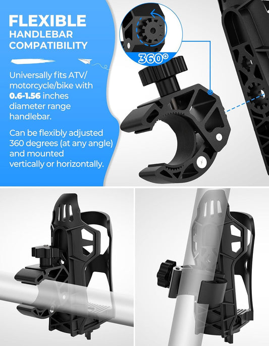 KEMIMOTO Motorcycle Cup Holder, ATV Drink Holder with 360 Rotation Crocodile-Bite Clamp, Dirt Bike Bottle Holder Compatible with Hydro Flasks, Yeti, Stanley, Other Bottles Maximum Diameter in 3.5" (1)