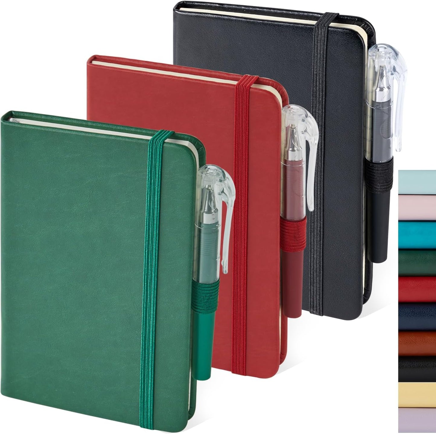 NIRMIRO 3 Pack Pocket Notebook Journals, Small Notepad Notebooks for Note Taking, A6 Mini Note pads with Pen Holder, 408 Lined Pages, 3.7" x 5.7", Black, Brown, Blue