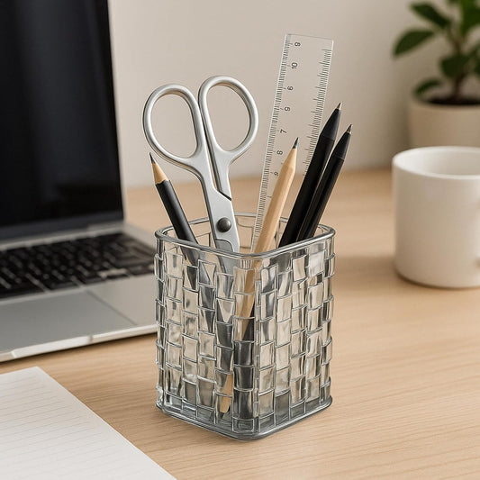 Qomamount Acrylic Pen Holder,Clear Makeup Brush Holder with Woven Texture,Transparent Stylish Pencil Holder for Desk,Pen Cup Organizer Caddy for Office,Home,or Cosmetic(Clear Black)