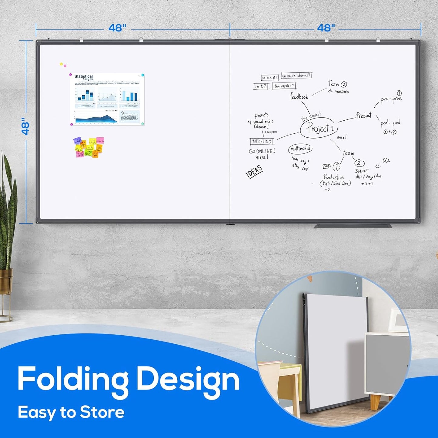 Magnetic White Board Dry Erase Board for Wall，72" x 40" Wall-Mounted Aluminum Frame Marker Board, Foldable Portable Whiteboard with a Long Pen Tray for School, Classroom, Office & Home