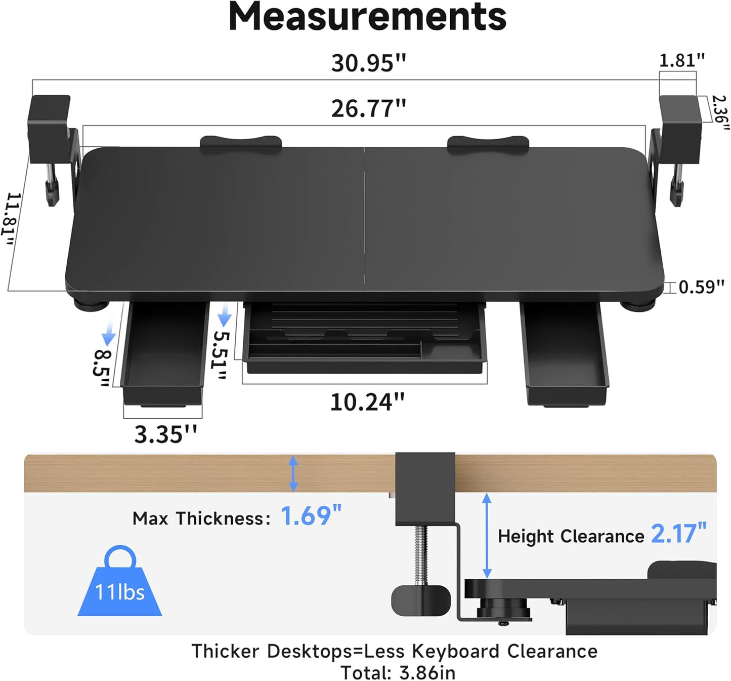 XINLEI Keyboard Tray Under Desk Large C-Clamp 25.6” (30” Including Clamps) x 11.8” Slide-Out Platform Computer Drawer Pull Out Keyboard & Mouse Tray Black DSF4