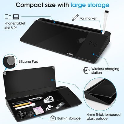 Varhomax Glass Weekly Planner Desk White Board, Desktop Calendar Whiteboard with Storage, to Do List Memo Caddy for Home Office and School Supplies, Black