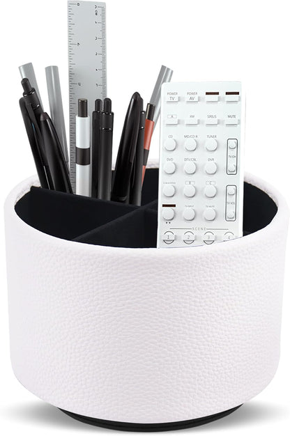 Round Leather Art Supply Organizer,Remote Control Holder,360 Degree Rotating,Multi-Functional Pencil Holder,4 Compartments Desktop Stationary Organizer(1-Fractal Flower) | Round - Colors C