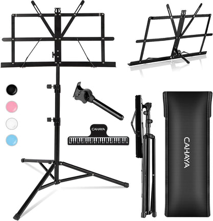 CAHAYA Portable Sheet Music Stand: Dual Use Desktop Book Holder Folding Lightweight Extra Stable Reinforced with Carrying Bag and Clip for Students Musicians Height Adjustable up to 54.3" CMS0204