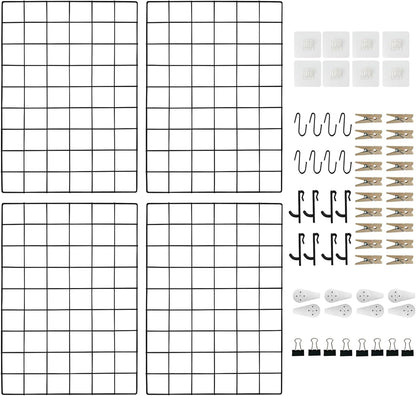 CIKLCIX Metal Grid Wall Panel, Wire Grid Photo Display Organizer, 17.3"×11.8" Gold Wire Board Grid Wall, Grid Picture Frame, 2-Pack Wire Mesh Memo Board With Clips and Hooks