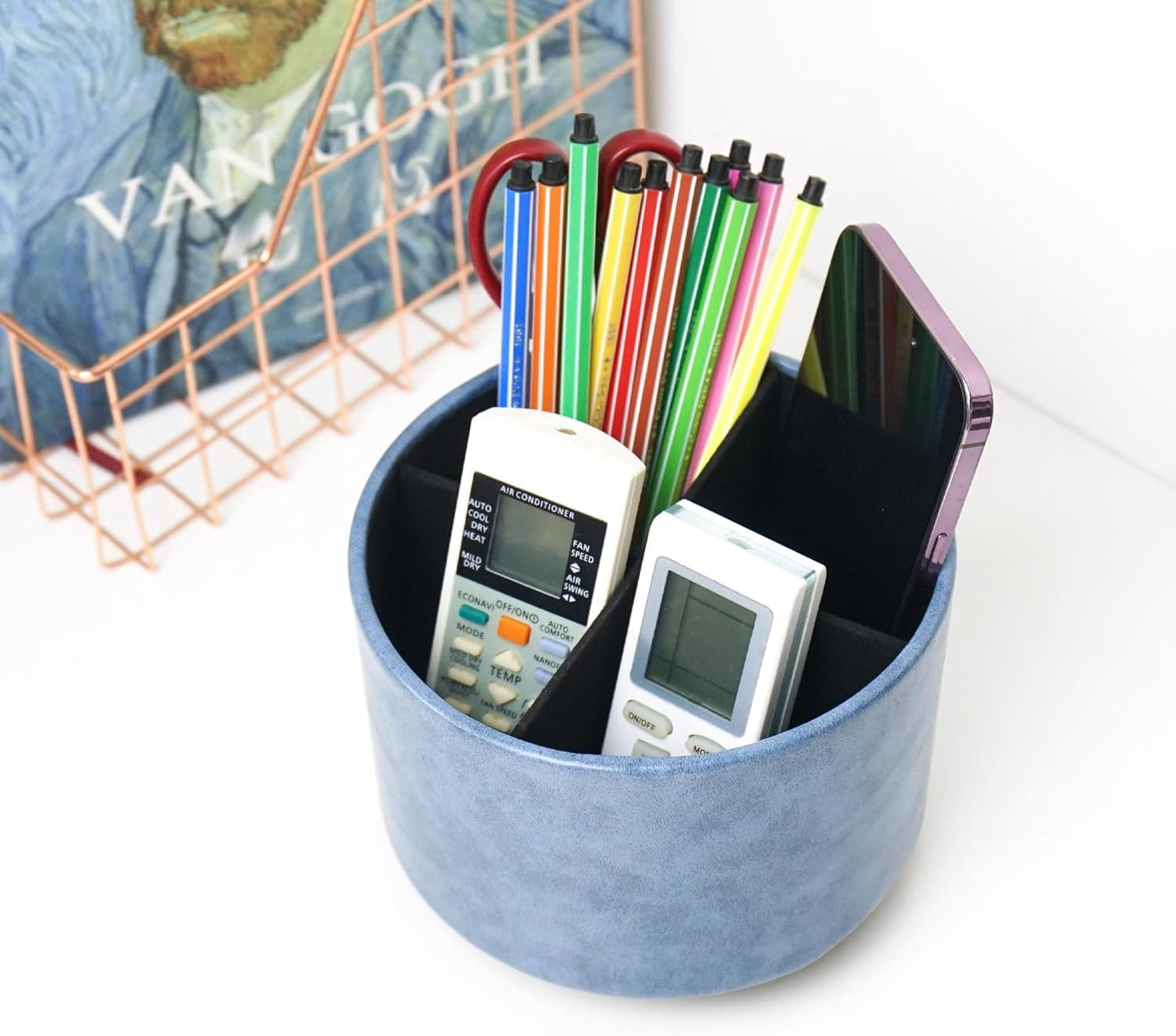 Round Leather Art Supply Organizer,Remote Control Holder,360 Degree Rotating,Multi-Functional Pencil Holder,4 Compartments Desktop Stationary Organizer(1-Fractal Flower) | Round - Colors C