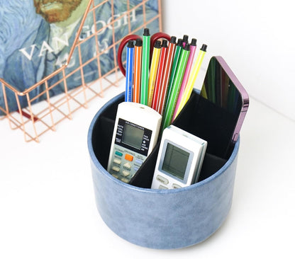 Round Leather Art Supply Organizer,Remote Control Holder,360 Degree Rotating,Multi-Functional Pencil Holder,4 Compartments Desktop Stationary Organizer(1-Fractal Flower) | Round - Colors C
