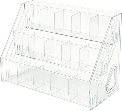 3-Tier Acrylic Desk Organizer, Multi-Slot Marker & Pen Storage Holder, Clear Vertical Desktop Stationery Rack for Small Art Supplies, Compact Office & Home Workspace Organizer
