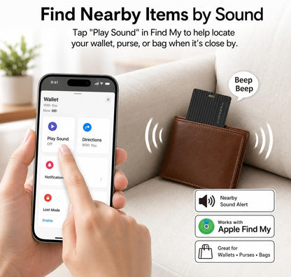 Wallet Tracker Card, Apple MFi Certified, Works with Apple Find My (iOS Only), Rechargeable Wireless Charging Slim Bluetooth Smart Tracking Card, Item Finder for Key, Passport, Luggage, Bag