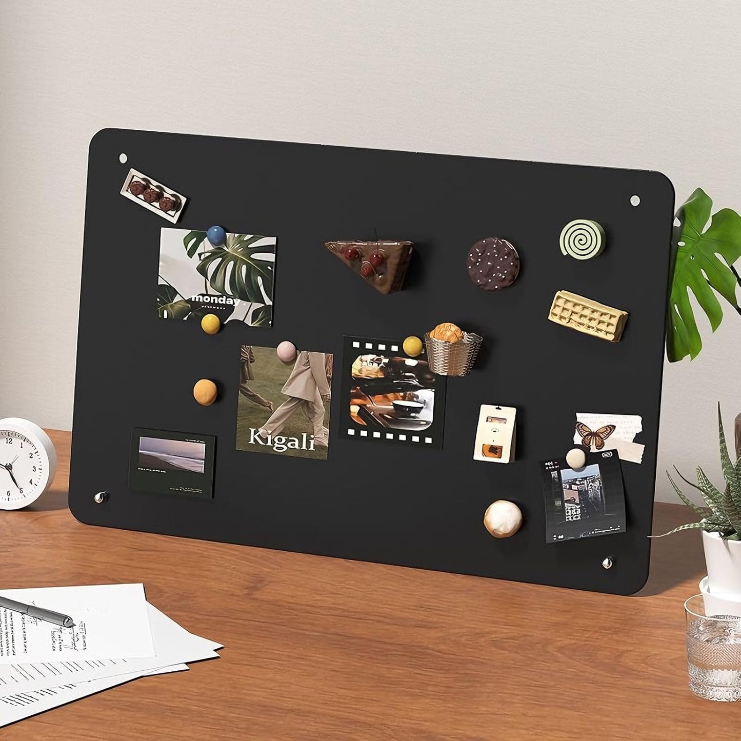 Desk Magnetic Message Board with Stand,11 x 7.9in Magnet Photo/Memo Display Board with Cute Fridge Magnets,Sticky Notes,for Home School Kitchen Office Desk Accessories (White)