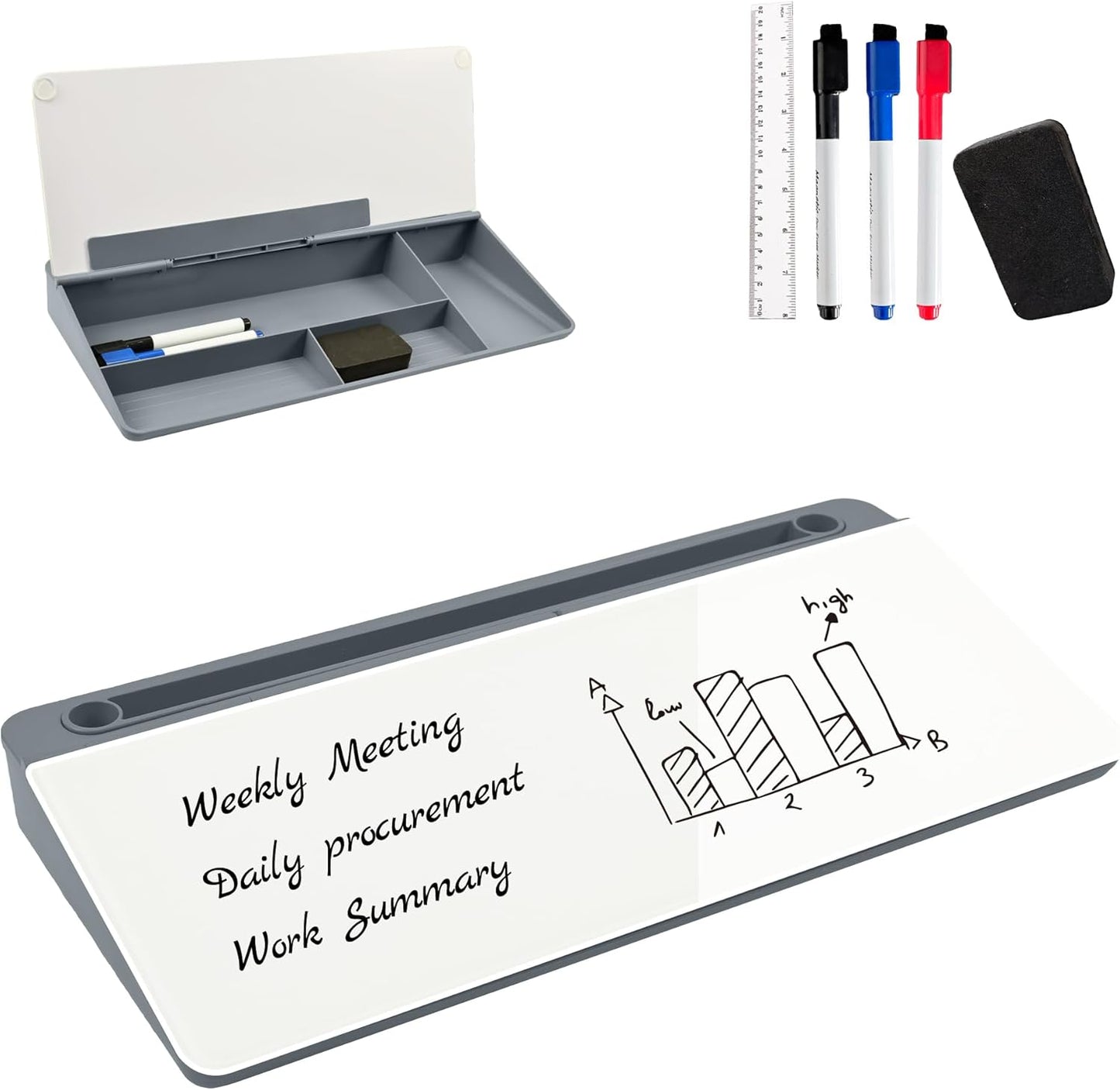 Desktop Whiteboard, Glass Dry Erase Board, Desk Board Buddy,Computer Keyboard Stand,Desk Whiteboard Organizer for Home,Office,School Supplies(White)