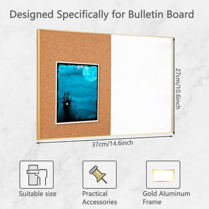 Okydoky Cork Board White Board Combo, Small Size 10.6" x 14.6" Magnetic Dry Erase Board/Bulletin Combination Board, Gold Aluminum Frame, for Home, Office, School(ZHBB-Gold-2737)